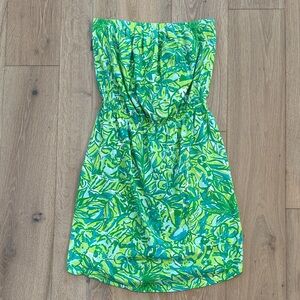 Lilly Pulitzer Tropical Leaf Print Strapless Dress in Aqua & Green
